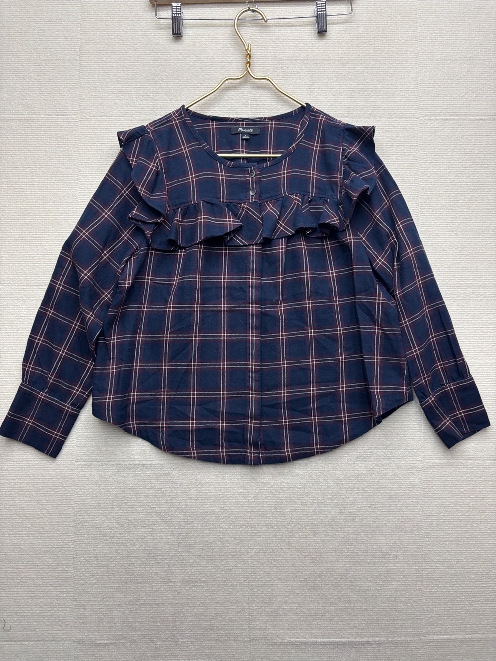 Madewell small Navy Plaid Ruffle Long-Sleeve Top